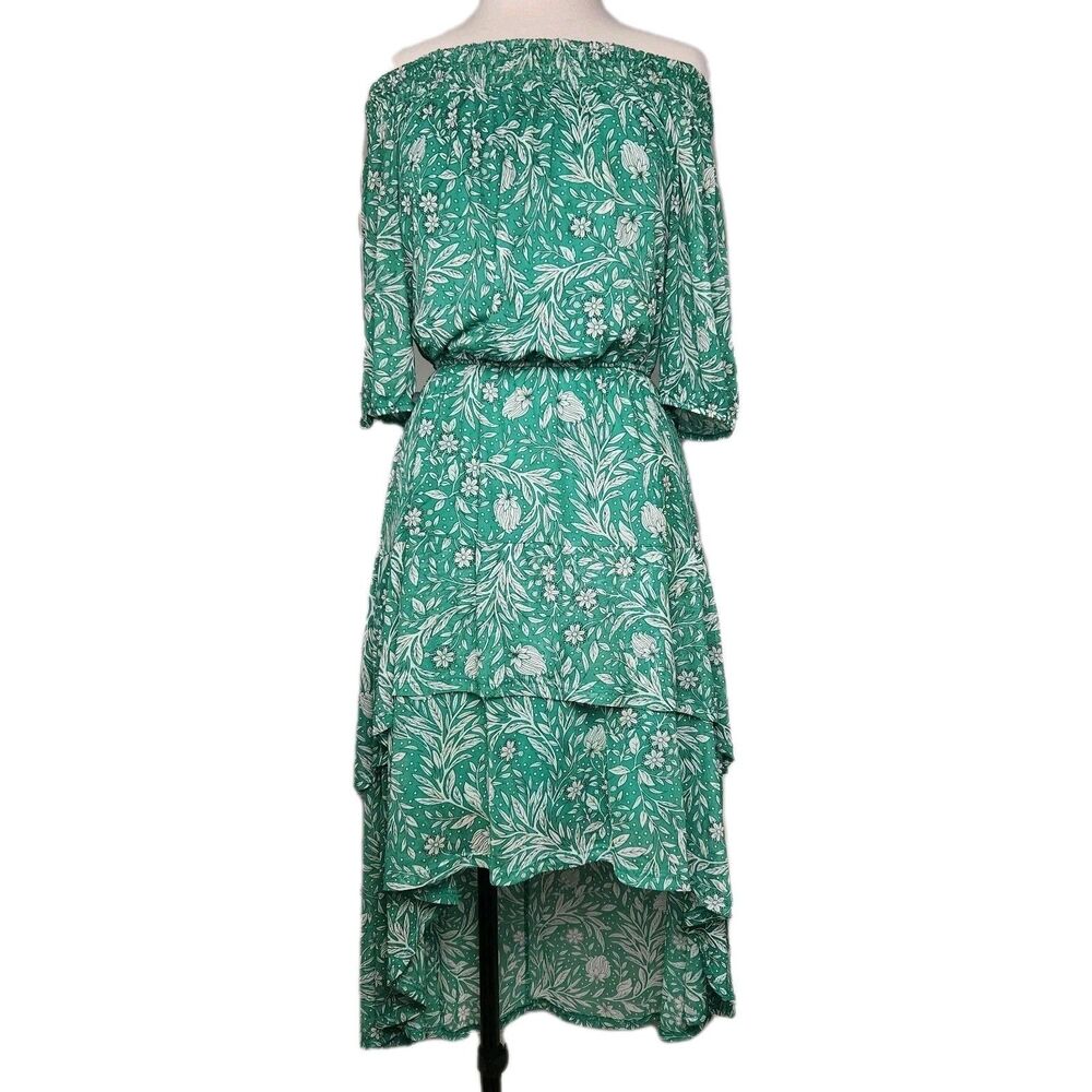 Harlow & Rose High/Low Dress Off the Shoulder Green Women PL Garden Party Floral